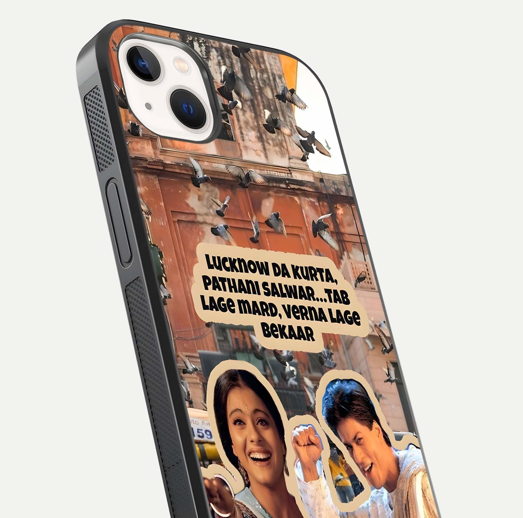 Desi Retro Vibes Glass Case for iPhone 14 Plus close-up highlighting retro color palette and reflection glow