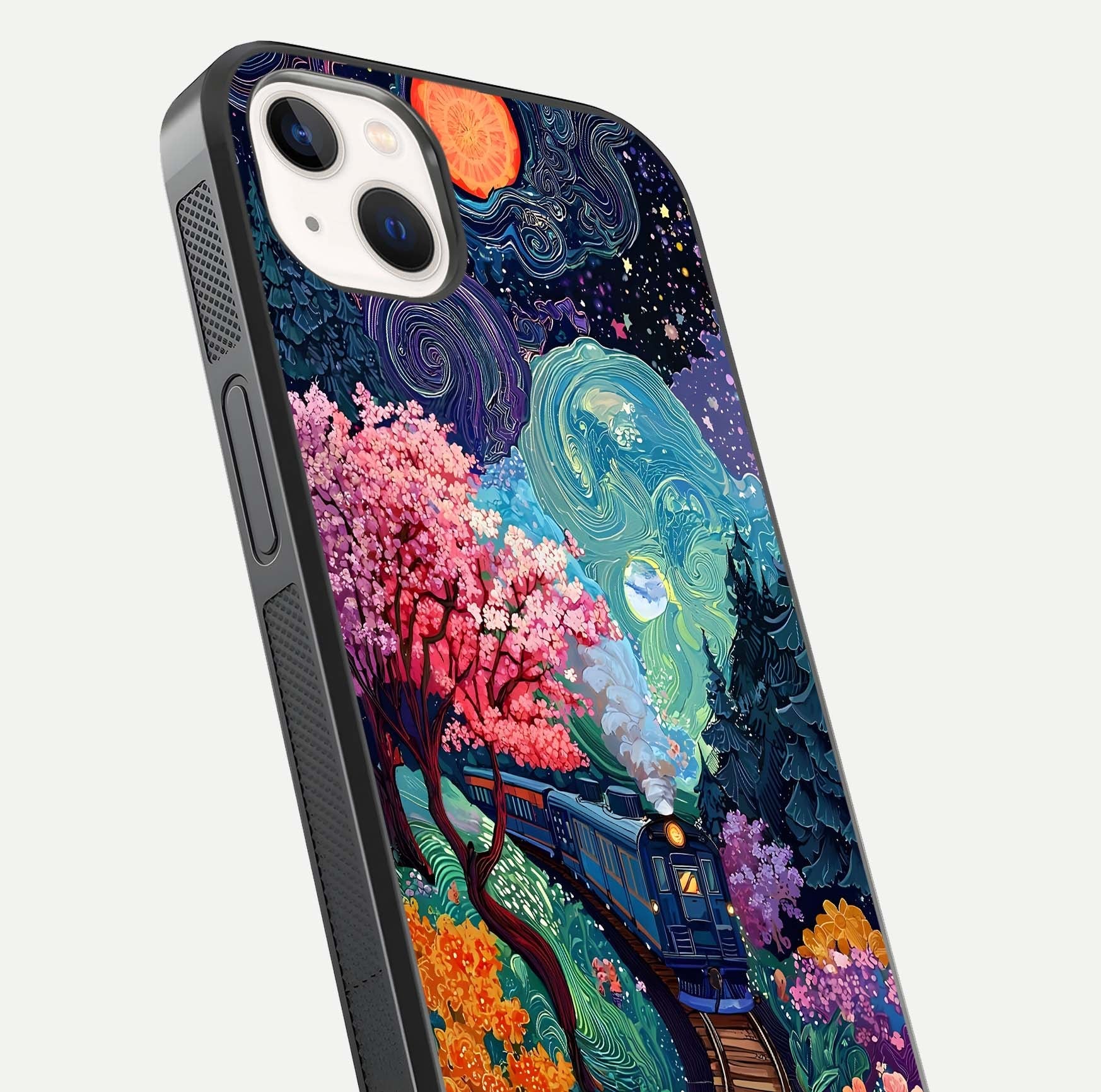 Digital Art Glass Case for iPhone 14 Plus close-up highlighting brush-stroke details and reflection polish