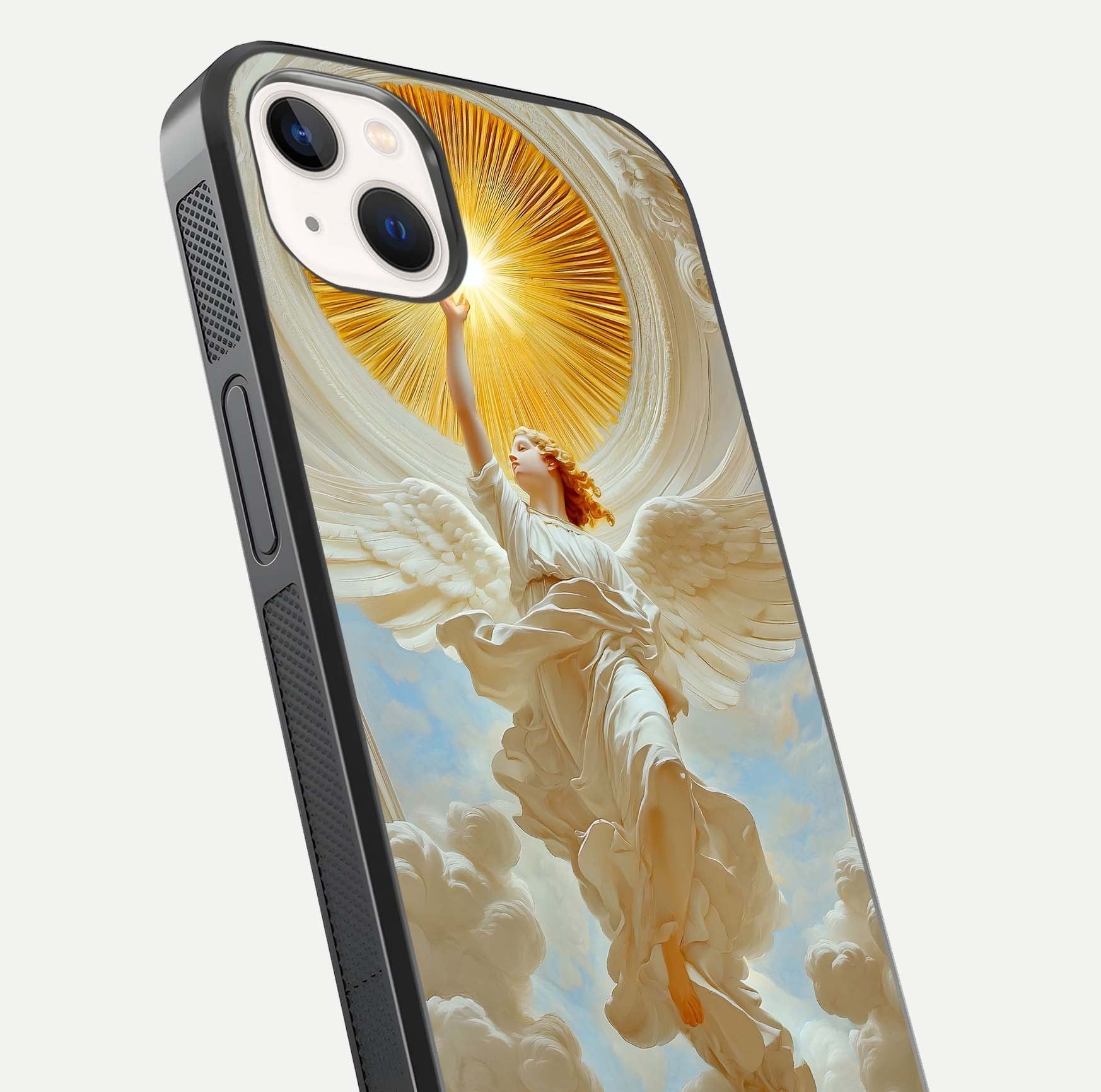Divine Light Angel Glass Case for iPhone 14 Plus close-up highlighting light rays and glass reflection