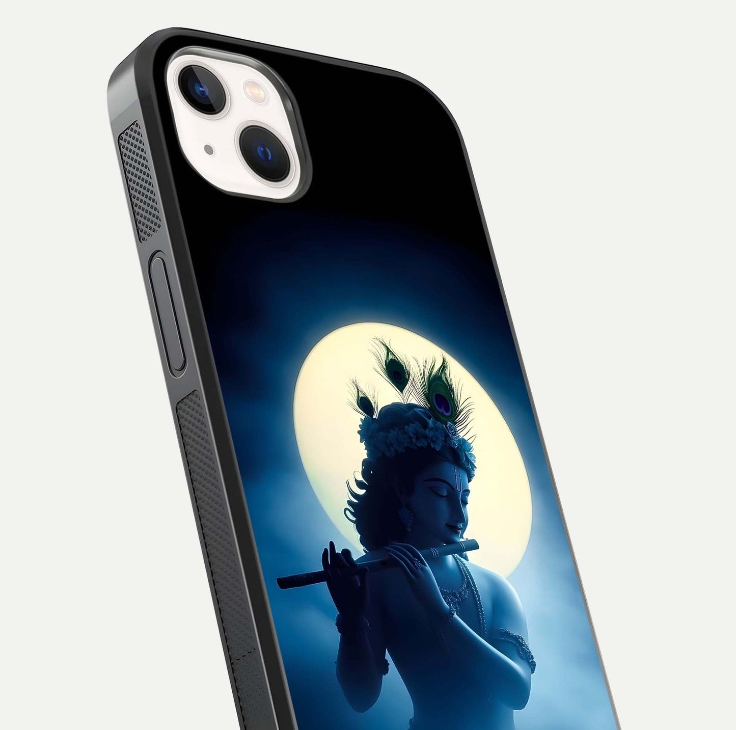 Divine Moon Flute Glass Case for iPhone 14 Plus close-up highlighting flute detail and reflection shine