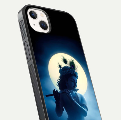 Divine Moon Flute Glass Case for iPhone 14 Plus close-up highlighting flute detail and reflection shine