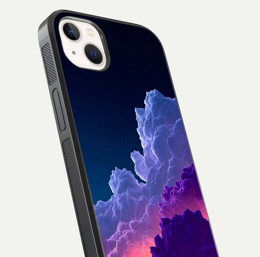 Dreamy Cloud Skies Glass Case for iPhone 14 Plus close-up highlighting soft gradient tones and reflection glow