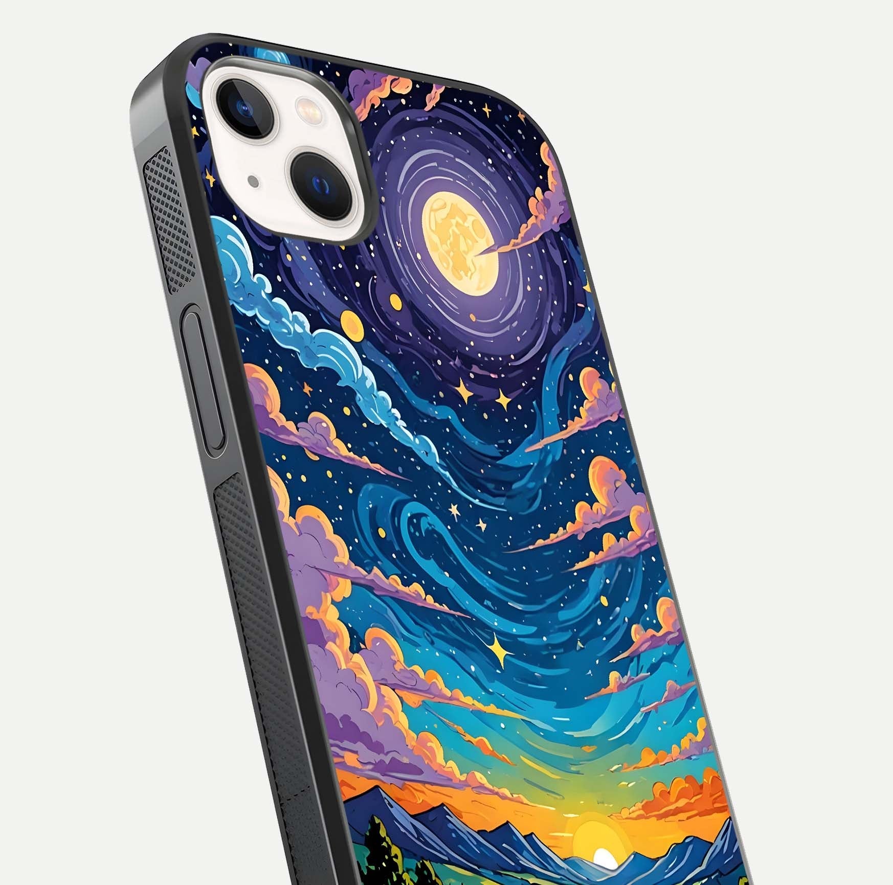Dreamy Night Landscape Glass Case for iPhone 14 Plus close-up highlighting stars and reflection tone
