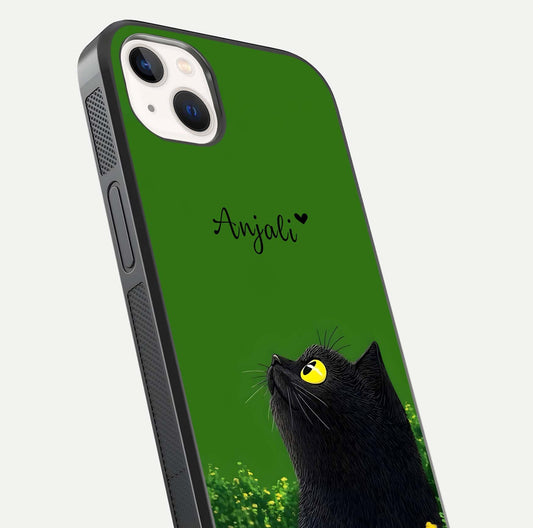 Emerald Cat Custom Name Glass Case for iPhone 14 Plus close-up highlighting feline detail, emerald hues, and reflection polish