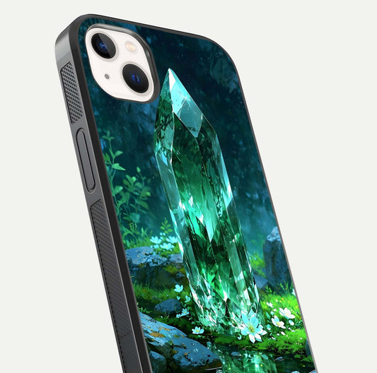 Emerald Light Crystal Glass Case for iPhone 14 Plus close-up highlighting crystal texture and reflection glow