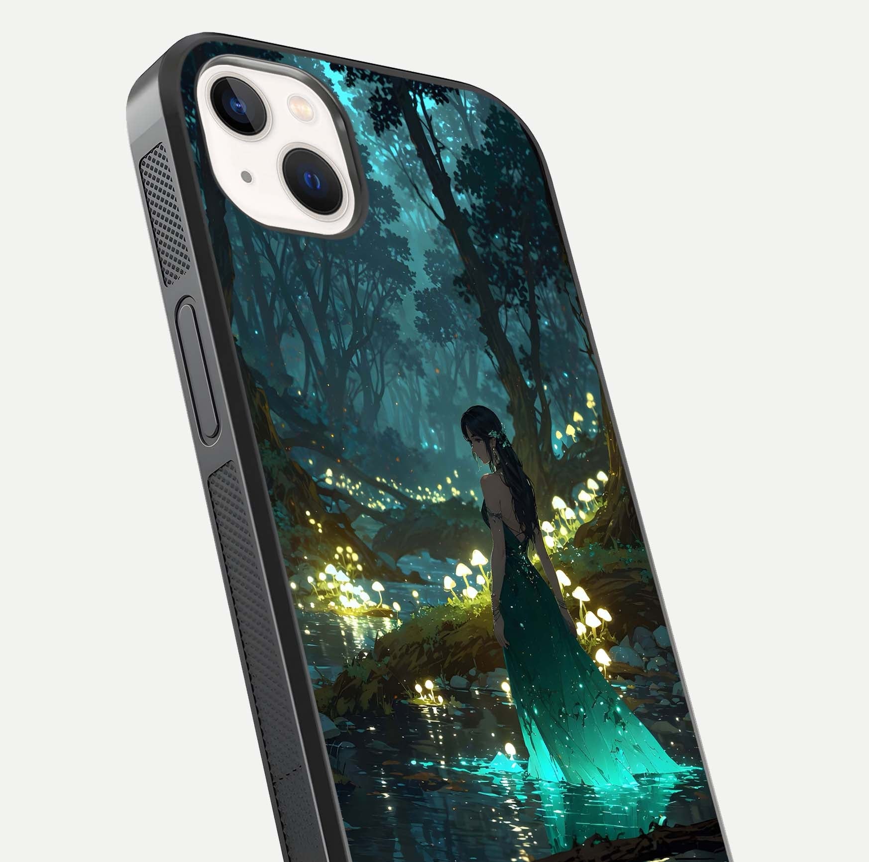 Enchanted Forest Glow Glass Case for iPhone 14 Plus close-up highlighting trees, lights, and reflection texture