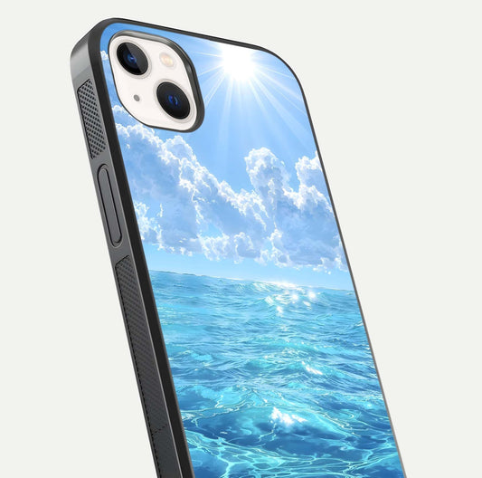 Endless Ocean Horizon Glass Case for iPhone 14 Plus close-up highlighting water texture and reflection shine