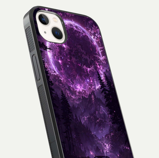 Eternal Cosmic Drive Glass Case for iPhone 14 Plus close-up highlighting cosmic lights and reflection depth