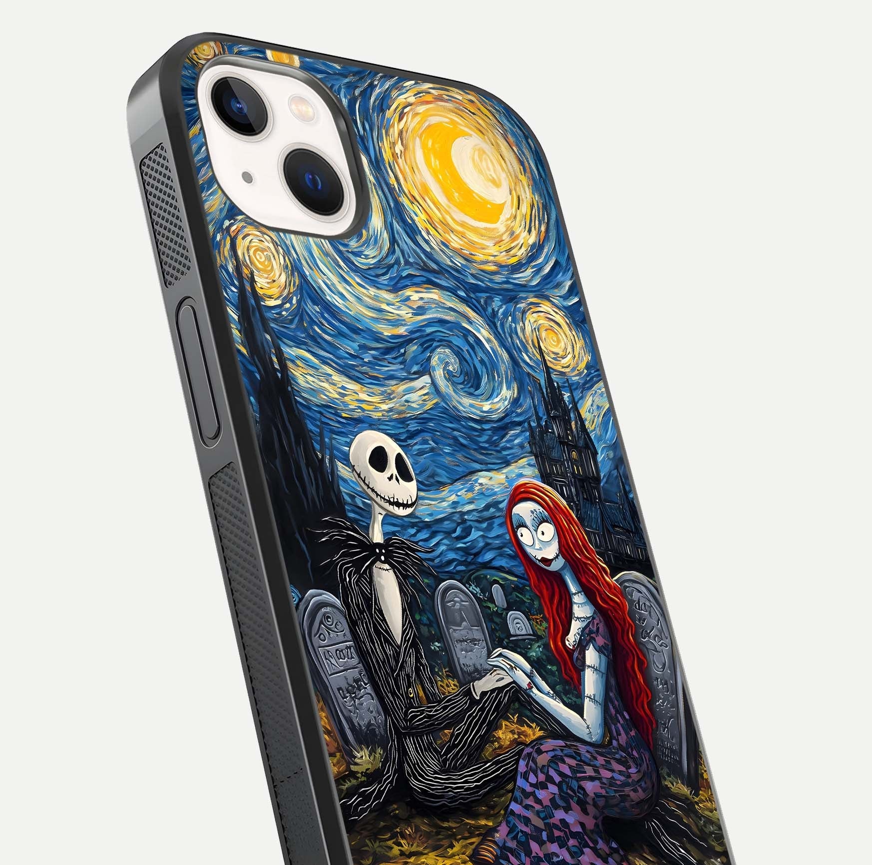 Eternal Night Love Glass Case for iPhone 14 Plus close-up highlighting stars and reflection glow