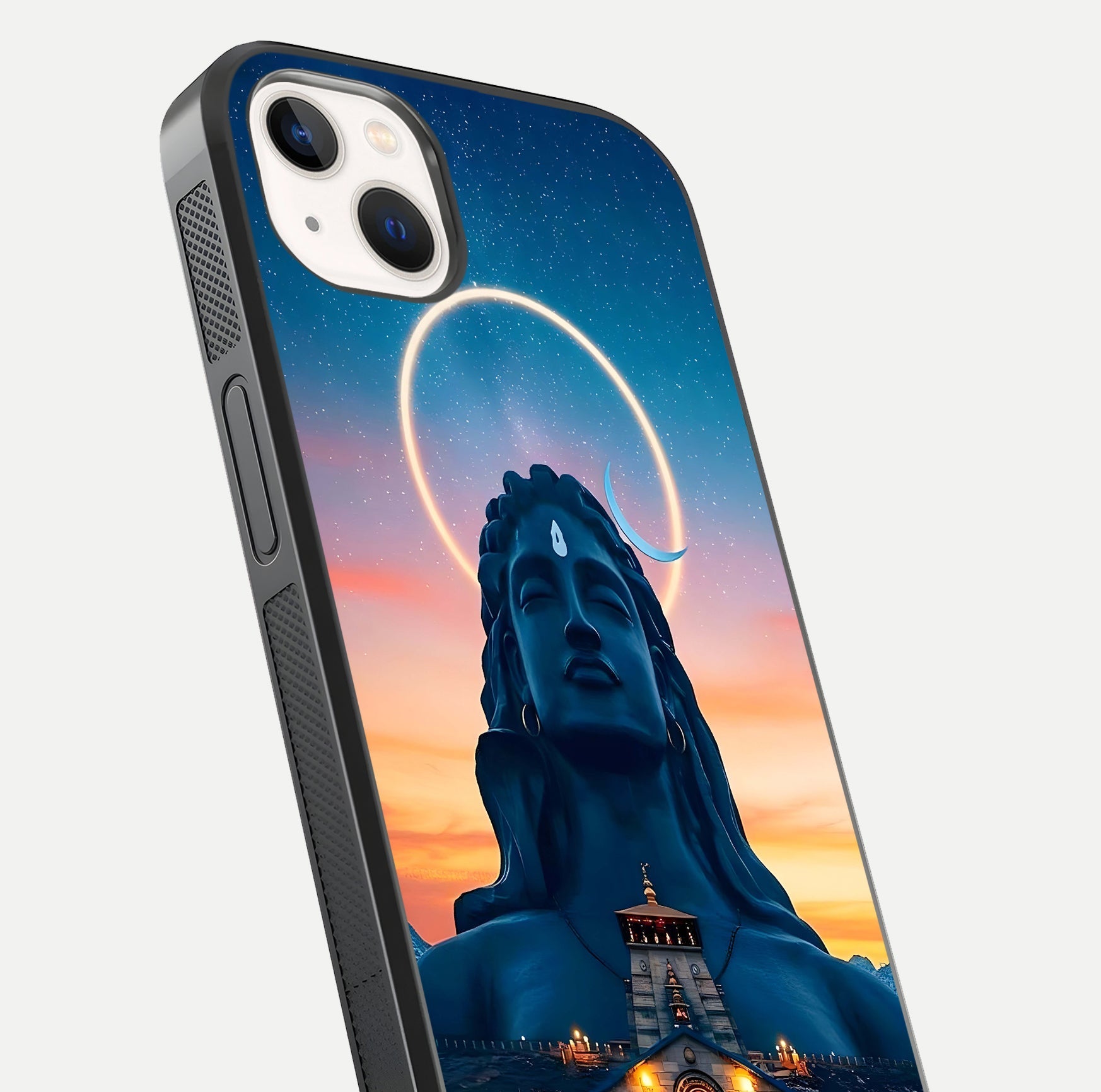 Eternal Shiva Aura Glass Case for iPhone 14 Plus close-up highlighting divine detailing and reflection light