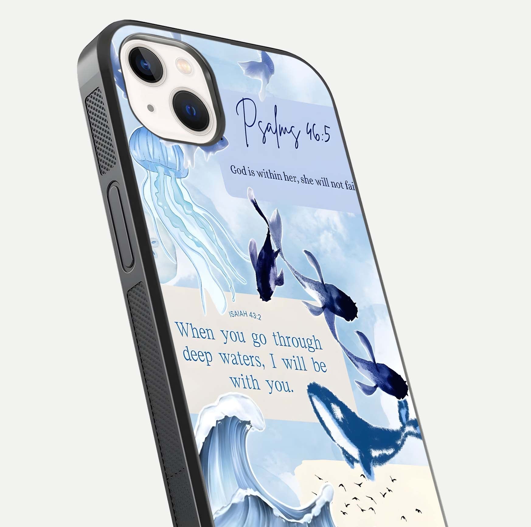 Faithful Ocean Promise Glass Case for iPhone 14 Plus close-up highlighting water reflection and serene blue tones