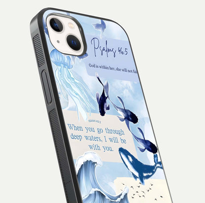 Faithful Ocean Promise Glass Case for iPhone 14 Plus close-up highlighting water reflection and serene blue tones