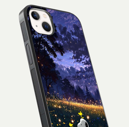 Firefly Meadow Magic Glass Case for iPhone 14 Plus close-up highlighting luminous firefly light and reflection detail