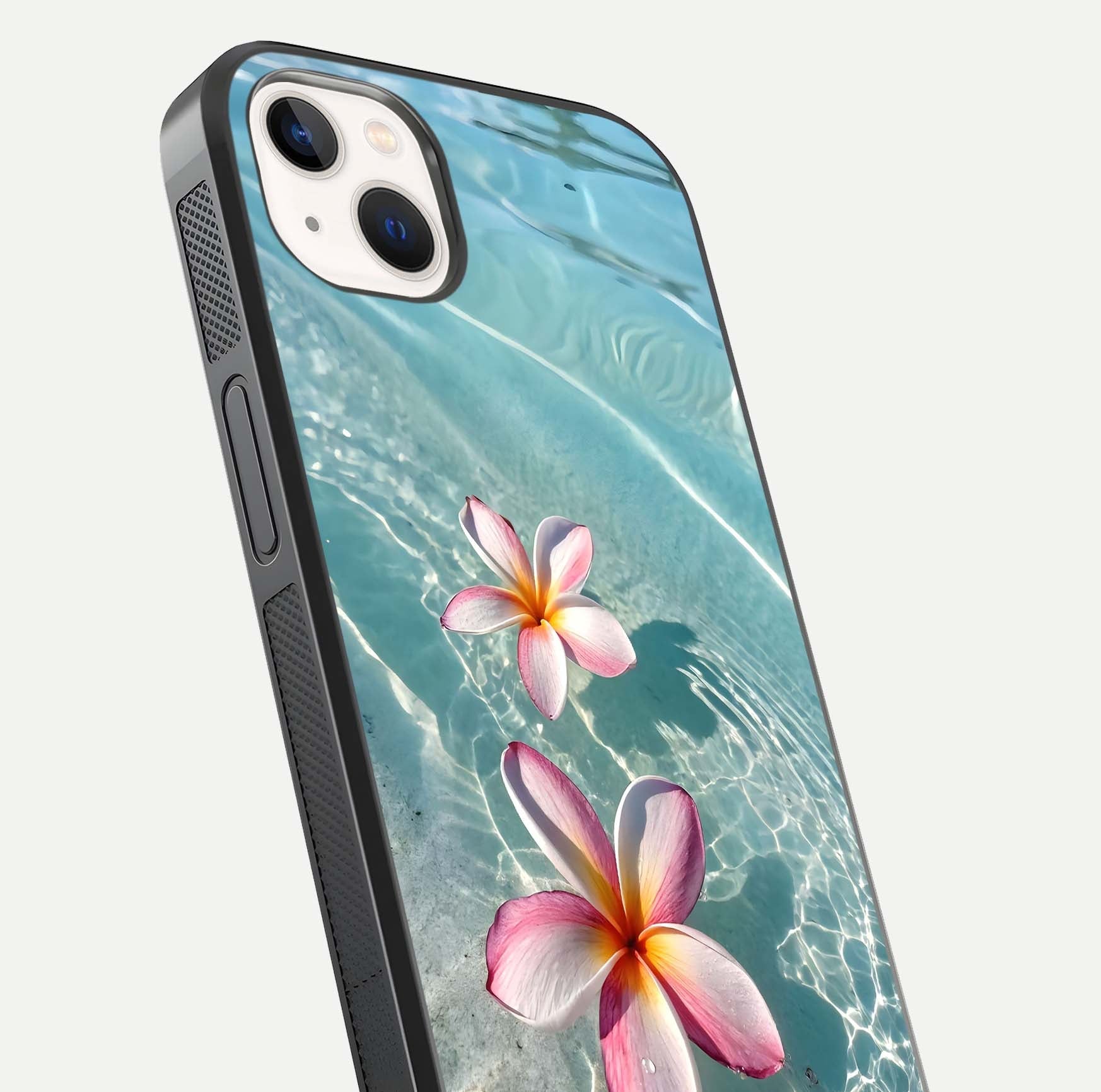 Floating Bloom Bliss Glass Case for iPhone 14 Plus close-up highlighting petal detail and reflection tone