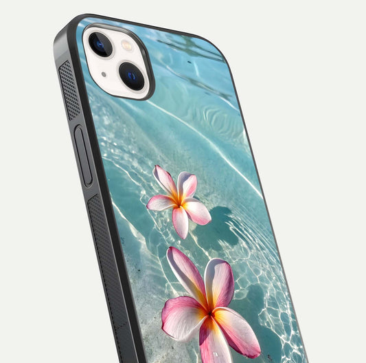 Floating Bloom Bliss Glass Case for iPhone 14 Plus close-up highlighting petal detail and reflection tone