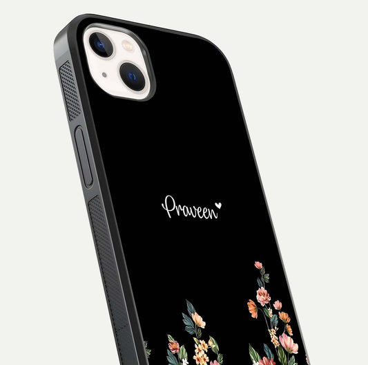 Floral Design Personalized Custom Name Glass Case for iPhone 14 Plus close-up highlighting name clarity, petals, and gloss