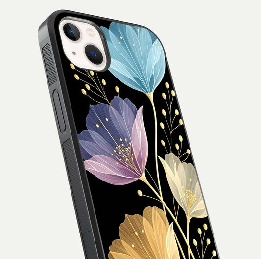 Flower Bloom Glow Glass Case for iPhone 14 Plus close-up highlighting bloom detail and reflection polish