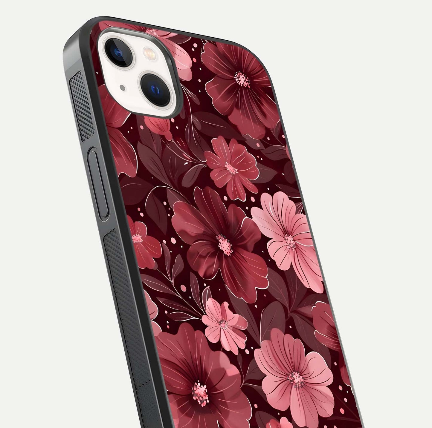 Flower Blush Bloom Glass Case for iPhone 14 Plus close-up highlighting pastel tones and reflection clarity