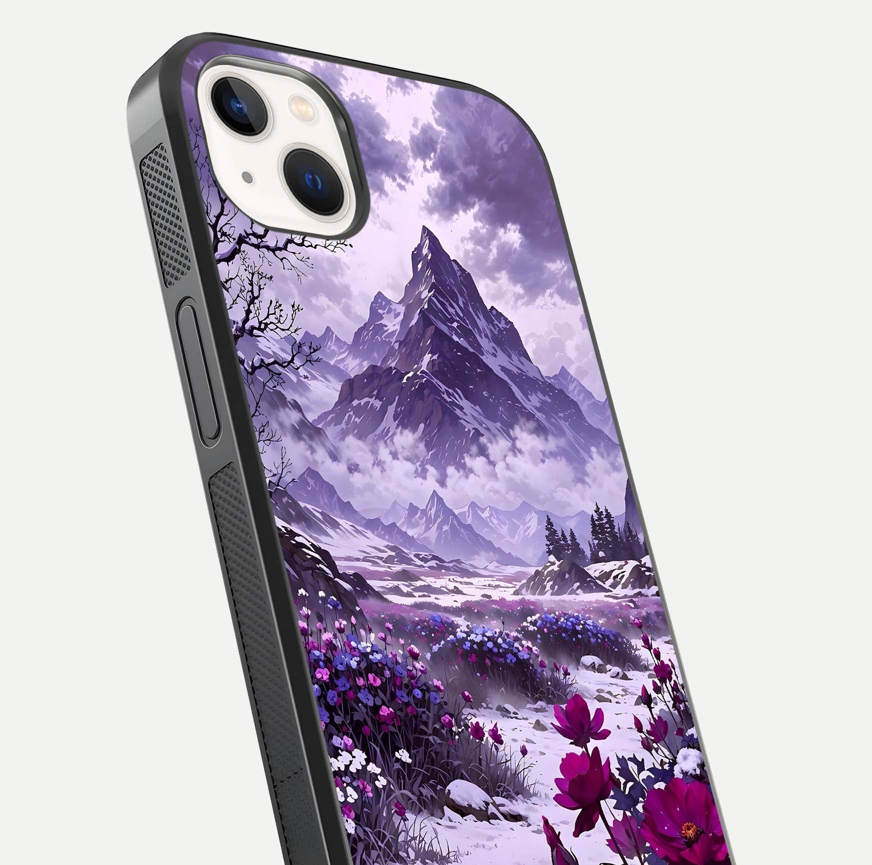Flower Mountain View Glass Case for iPhone 14 Plus close-up highlighting petal details and sky reflection