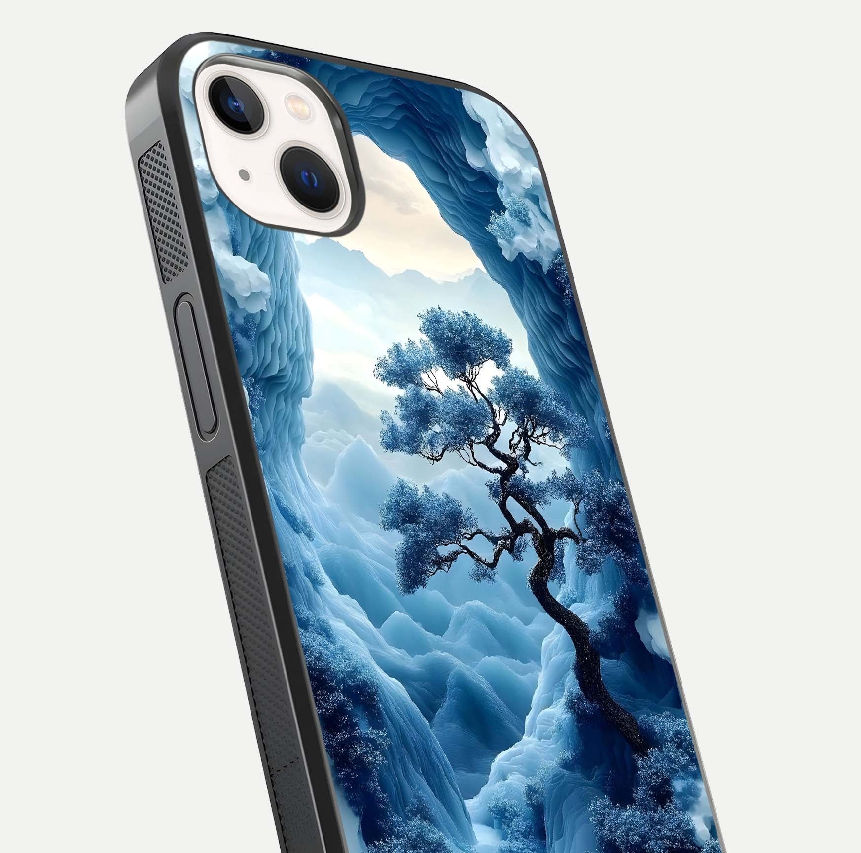 Frozen Serenity Gate Glass Case for iPhone 14 Plus close-up highlighting frosted texture and reflection tone