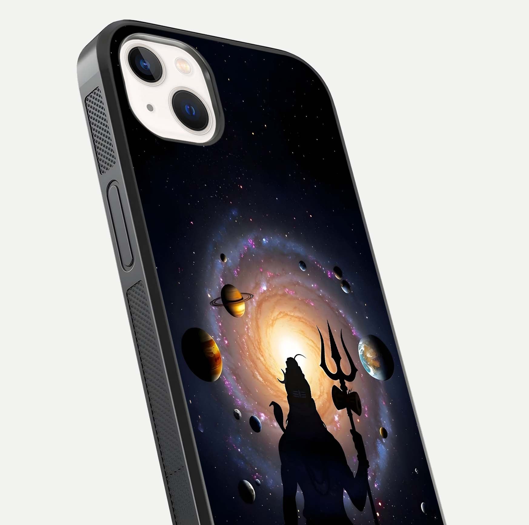 Galactic Shiva Vision Glass Case for iPhone 14 Plus close-up angled shot highlighting divine aura, trident details, and reflection shine