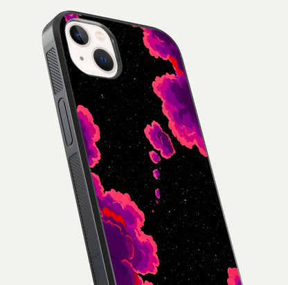 Galaxy Dream Frame Glass Case for iPhone 14 Plus close-up angled shot showing nebula patterns and reflection glow