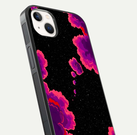 Galaxy Dream Frame Glass Case for iPhone 14 Plus close-up angled shot showing nebula patterns and reflection glow