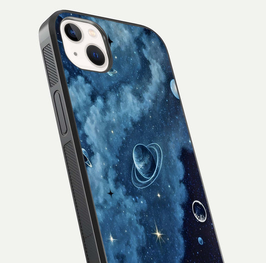 Galaxy Dream Space Glass Case for iPhone 14 Plus close-up angled shot highlighting nebula details and reflection shine