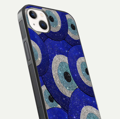 Galaxy Eye Flow Glass Case for iPhone 14 Plus close-up angled shot showing vivid swirl detail and reflection brightness