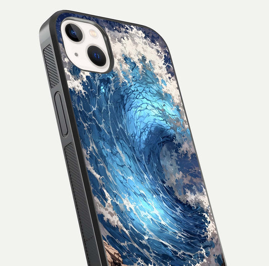 Giant Ocean Wave Glass Case for iPhone 14 Plus close-up angled shot showing wave texture and water reflection shine