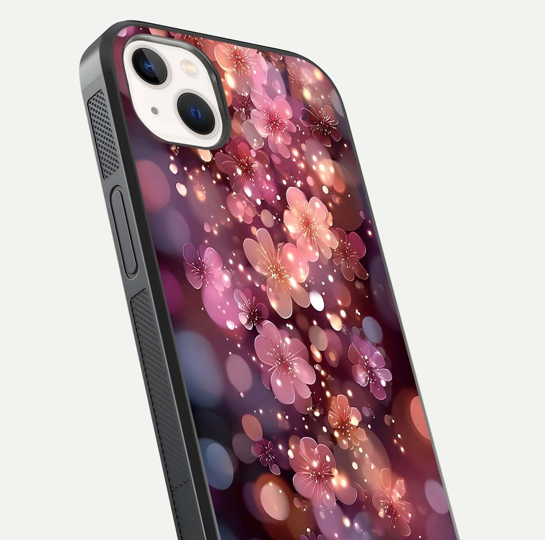 Glowing Petal Bliss Glass Case for iPhone 14 Plus close-up angled shot showing petal glow, color depth, and reflection shine