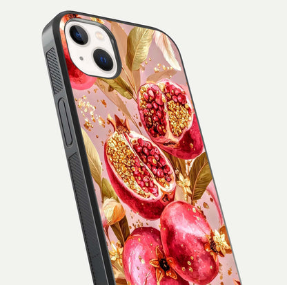 Golden Bloom Glow Glass Case for iPhone 14 Plus close-up angled shot showing metallic tones and reflection brilliance