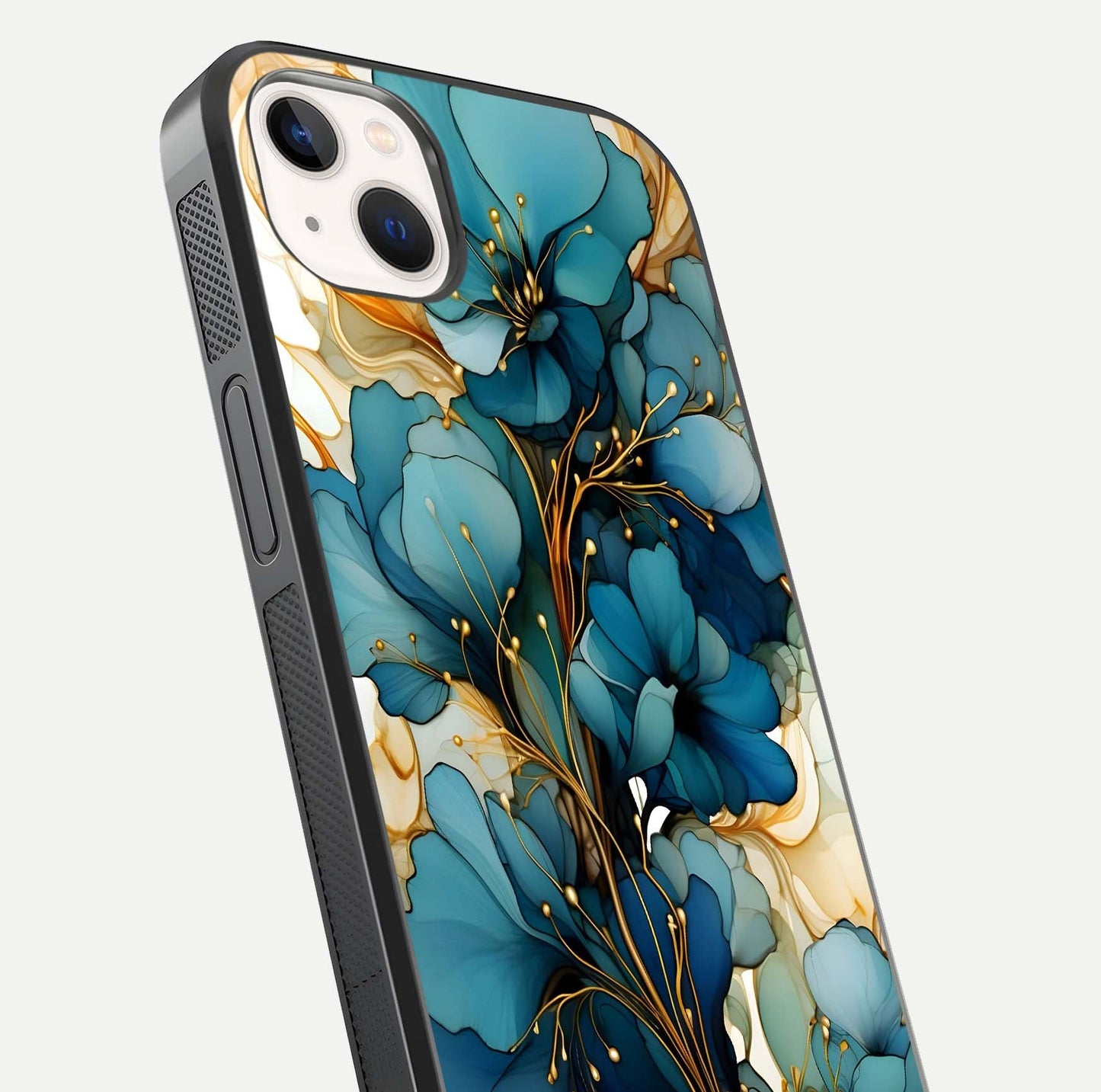 Golden Bloom Symphony Glass Case for iPhone 14 Plus close-up angled shot showing detailed petals and metallic gold reflection