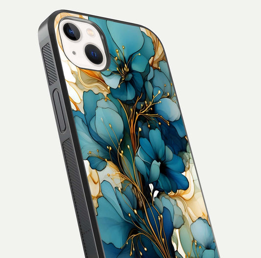Golden Bloom Symphony Glass Case for iPhone 14 Plus close-up angled shot showing detailed petals and metallic gold reflection