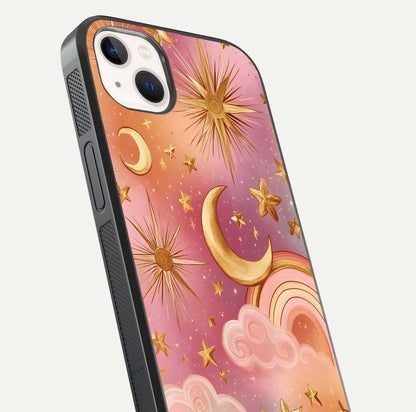 Golden Celestial Dreams Glass Case for iPhone 14 Plus close-up angled shot showing cosmic gold tones and reflection shine