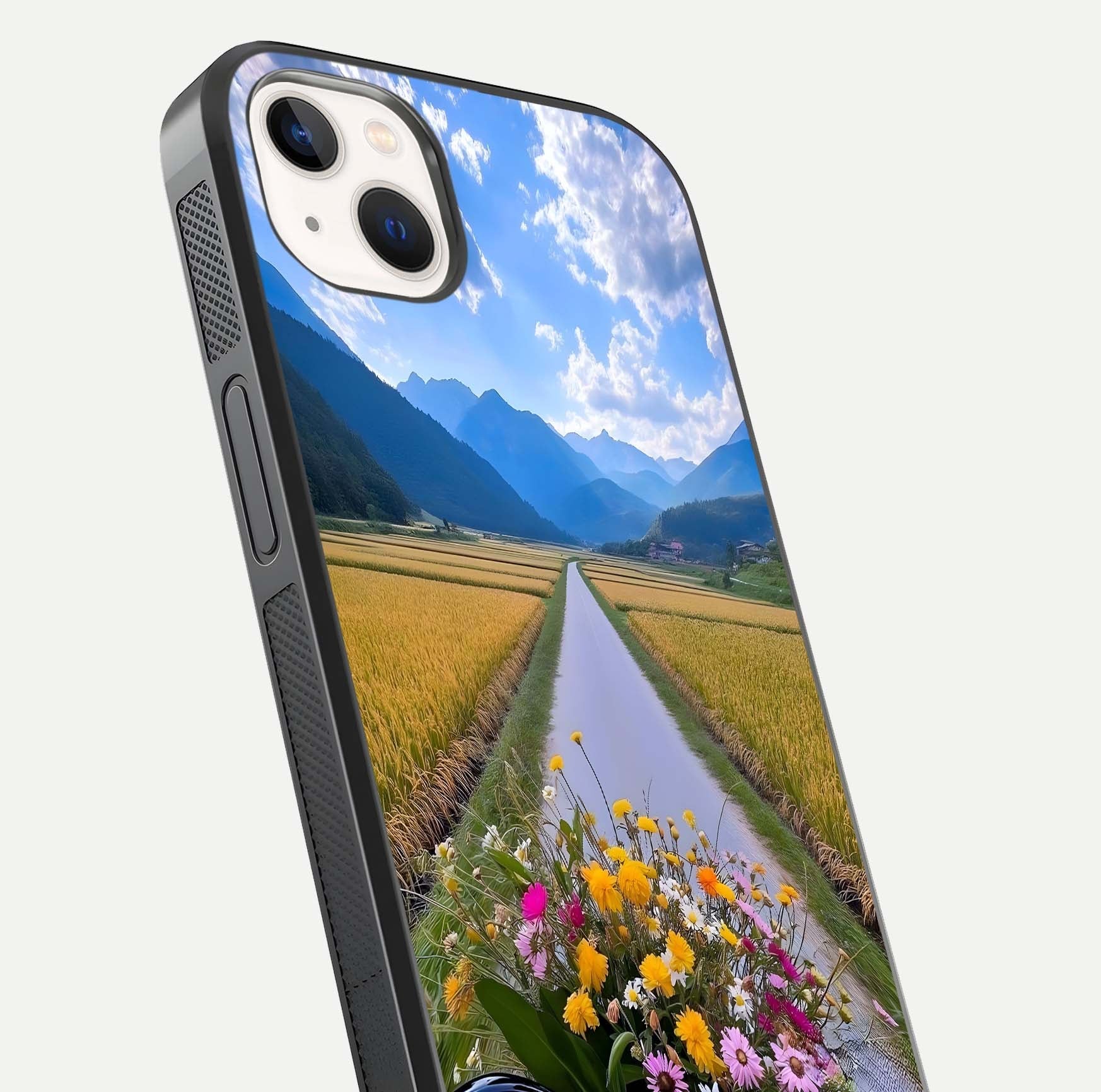 Golden Field Journey Glass Case for iPhone 14 Plus close-up angled shot showing sunlight tones and reflection clarity