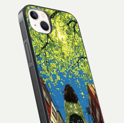 Golden Leaves Glow Glass Case for iPhone 14 Plus close-up angled shot showing fine leaf texture and reflection shine