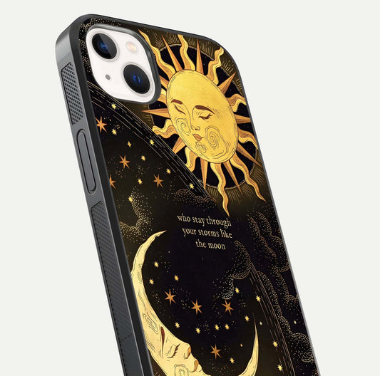 Golden Lunar Love Glass Case for iPhone 14 Plus close-up angled shot showing moon glow, texture, and reflection polish