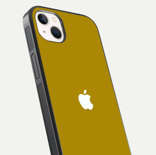 Golden Luxe Aura Glass Case for iPhone 14 Plus close-up angled shot showing metallic shine and light reflection