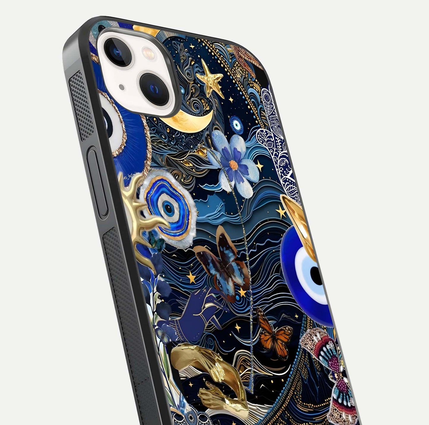 Golden Moon Magic Glass Case for iPhone 14 Plus close-up angled shot showing lunar glow, star detail, and reflection brightness
