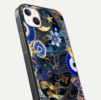 Golden Moon Magic Glass Case for iPhone 14 Plus close-up angled shot showing lunar glow, star detail, and reflection brightness