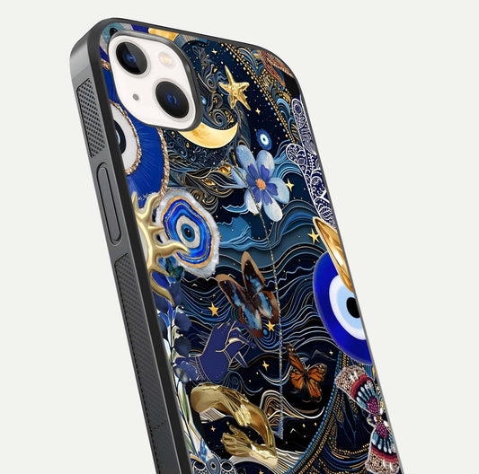 Golden Moon Magic Glass Case for iPhone 14 Plus close-up angled shot showing lunar glow, star detail, and reflection brightness