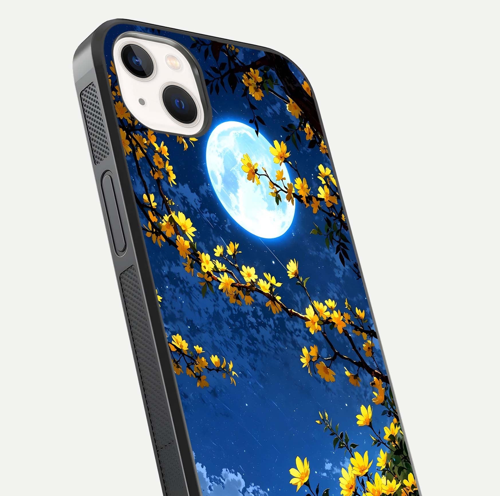 Golden Night Glow Glass Case for iPhone 14 Plus close-up angled shot showing shimmer texture and light reflection