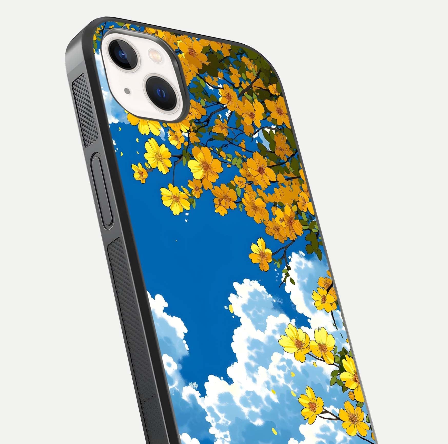 Golden Petal Sky Glass Case for iPhone 14 Plus close-up angled shot showing petal texture and shine reflection