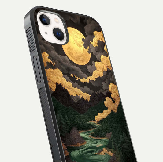 Golden River Moon Glass Case for iPhone 14 Plus close-up angled shot showing moon reflection and water shine
