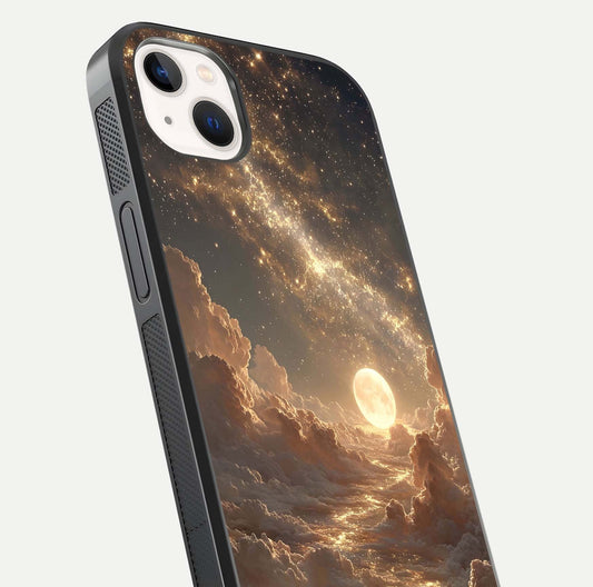 Golden Sky Dream Glass Case for iPhone 14 Plus close-up angled shot showing gradient tones and reflection polish