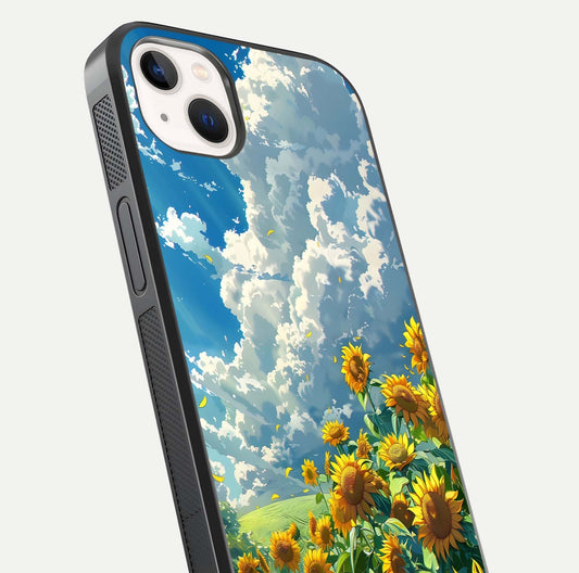 Golden Sun Glory Glass Case for iPhone 14 Plus close-up angled shot showing sunlight reflection and gold detailing