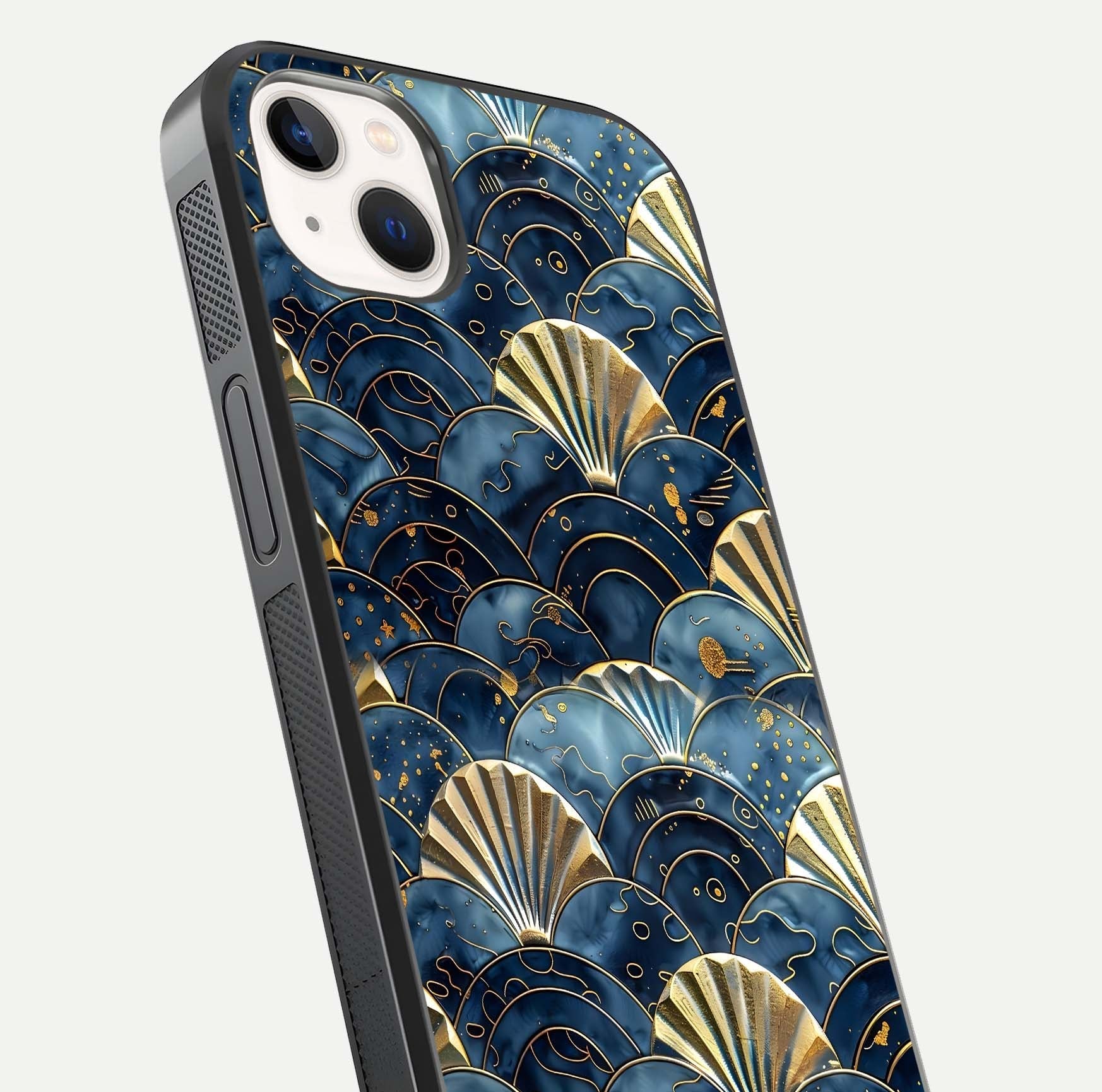 Golden Wave Luxe Glass Case for iPhone 14 Plus close-up angled shot showing flowing wave texture and reflection brightness