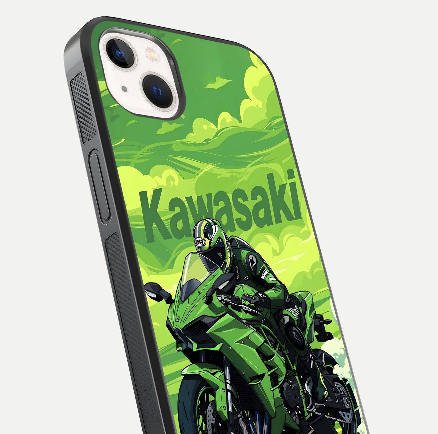 Green Kawasaki Glass Case for iPhone 14 Plus close-up angled shot showing sporty line details and reflection shine