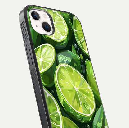 Green Lemon Glass Case for iPhone 14 Plus close-up angled shot showing lemon slice texture and reflection brightness